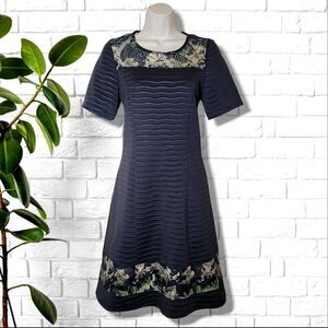 Rodan Dress Black Textured Floral Mesh Lace Short Sleeve Fit & Flare